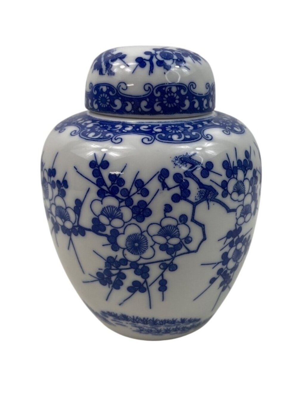Blue and White Cherry Blossom Urn Ginger Jar With Lid 5"h Toyo of Japan